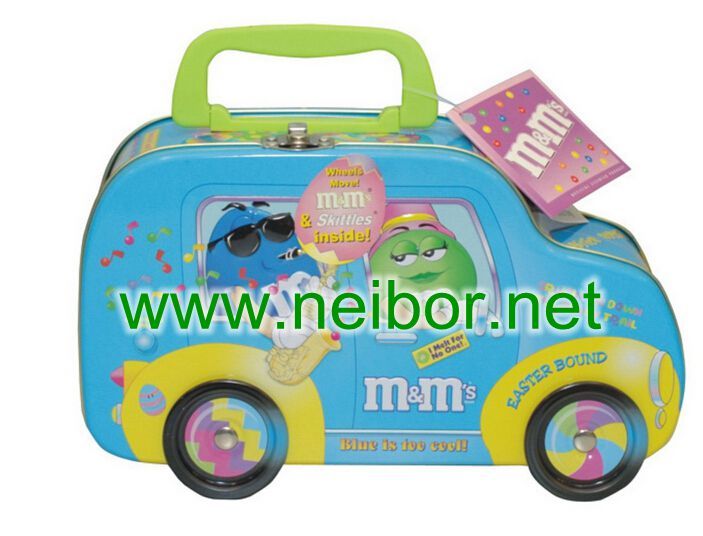 tin lunch box, tin car box with handle, tin box with wheel