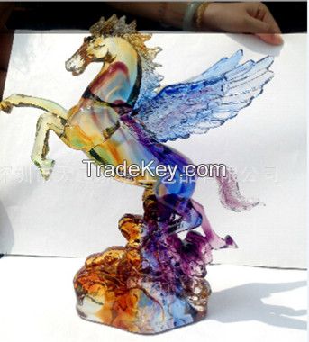 liu li manufacturer crystal colored glaze flying horse craft for hotel bank decoration