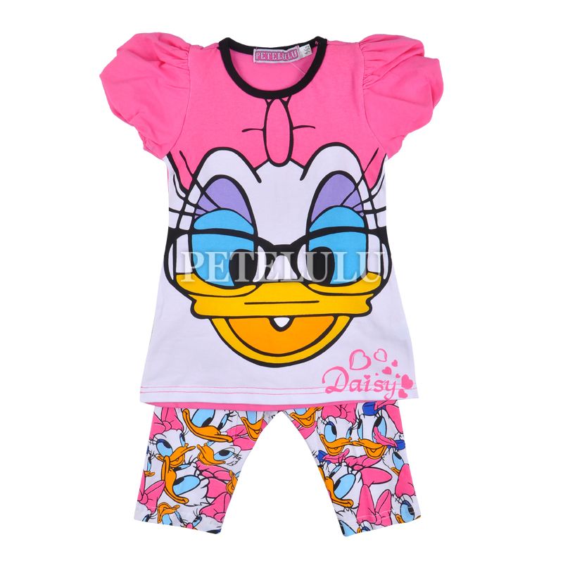 Donald Duck baby girls puff sleeve summer sets hot pink/red children short sleeve t-shirt+leggings clothing 10sets/lot cotton