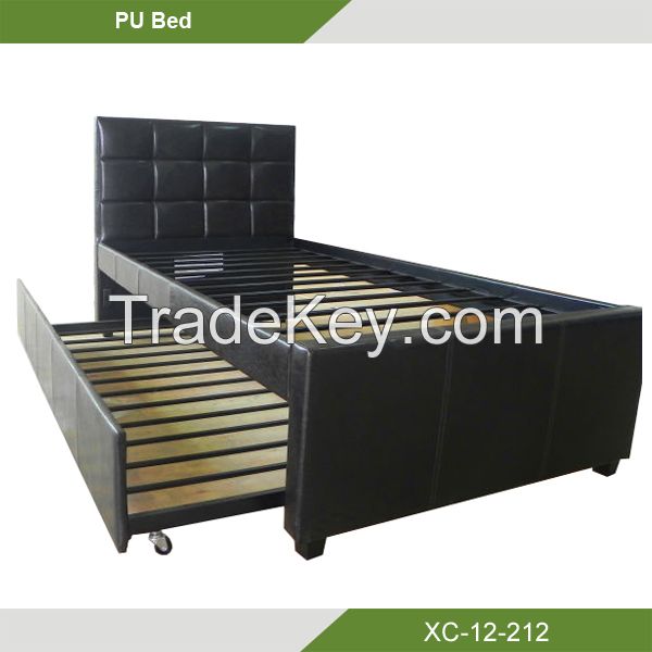 Latest double bed designs pillowed black PU faux leather trundle twin bed XC-12-212