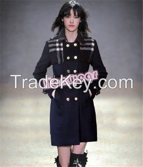 Women fashion long wool coat with check 2015W12