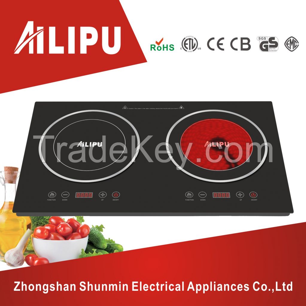 Sensor touching control double burner infrared cooker with induction cooker/double hot plate induction infrared cooker/infrared ceramic cooker/induction ceramic hob