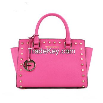 2014 Women Tote Handbags with studs , Women Leather Shoulder Bags , Women Genuine Leather Bag Pink color