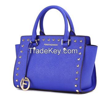 2014 Women Tote Handbags with studs , Women Leather Shoulder Bags , Women Genuine Leather Bag blue color