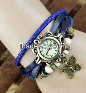 2014 Original High Quality Women Genuine Leather Vintage Watches, Bracelet Wristwatches butterfly/Eiffel Tower Pendan