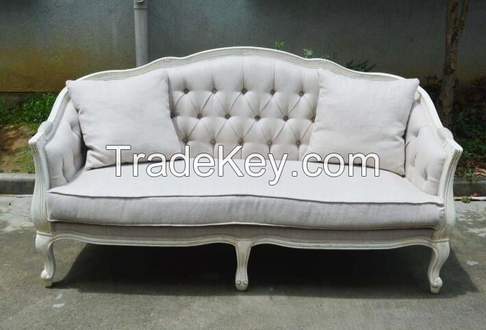 French Oak Wood Frame Stripe Fabric Sofa, French Sofa Linen Fabric, Wedding fabric sofa for sale