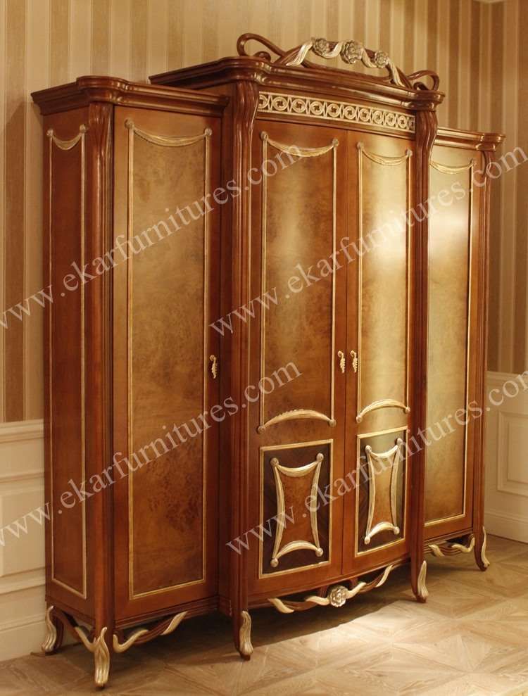 Antique Bedroom Burr Walnut Wardrobe by carving wood 4 doors