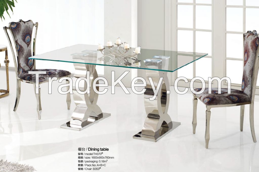 Rectangle reinforced glass surface stainless steel dining table