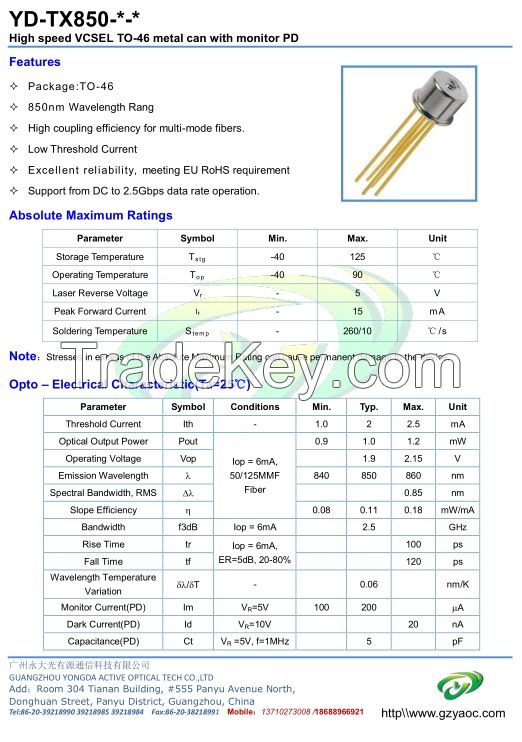 850nm VCSEL TO-CAN  TO-46 PACKAGE