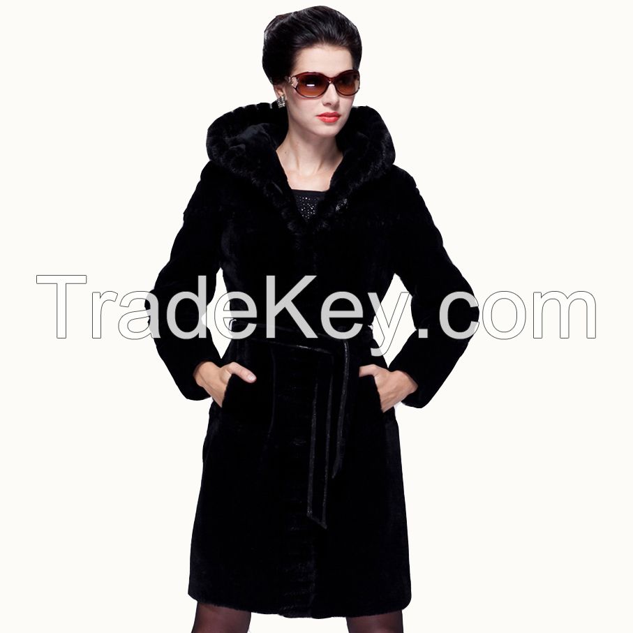 2015 Luxury Mink Hair Piping Statehood Real Sheepskin Fur Wool Women Black Color 100% Guaranteed Overcoat Coat Outerwear Jacket