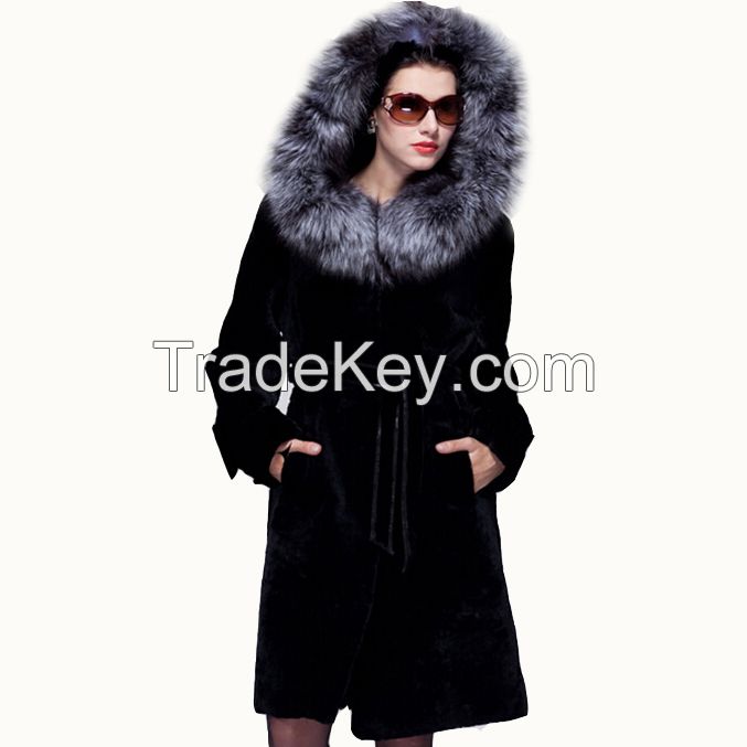 2015 Super Luxury Silver Fox Hair Collar Statehood Women's Real Sheepskin Fur Extra Long Genuine Leather Wool Outwear Overcoat