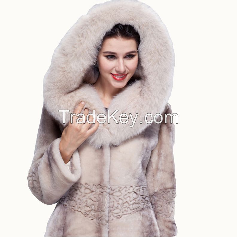 2015 Luxury Women Blue Fox Hair Statehood Cap Thick Real Merino Sheepskin Wool Fur Overcoat X-Long Winter Coat Outerwear Jackets