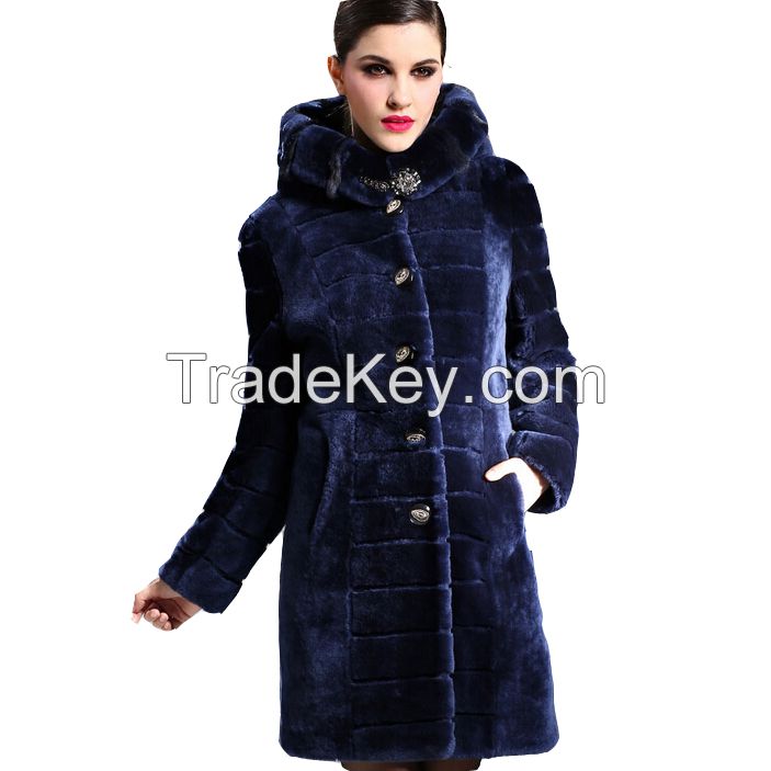 2015 Luxury Mink Hair Trim Hooded Merino Sheepskin Fur Wool Double-faced Thick Slim Long Female Outwear Overcoat Clothing