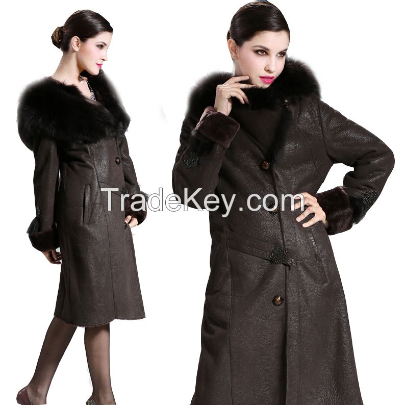 2015 Winter Tuscany Sheepskin Hair Trimmed Hooded Cap Merino Sheepskin Fur Wool Double-faced Long Thick Jacket Clothing Overcoat