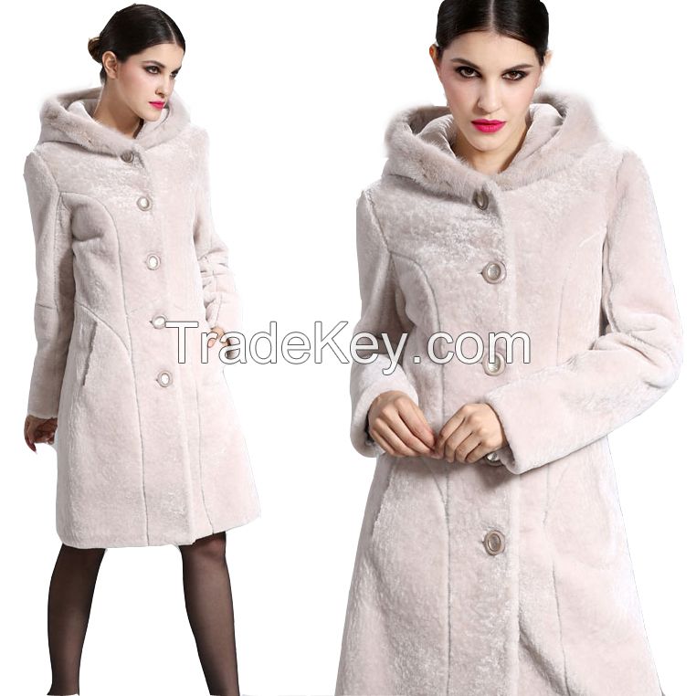 2015 Thicken Warm Fox Hair Mink Trim Hooded Merino Sheepskin Fur Wool Double-faced Long Berber Fleece Trench Jackets Clothing