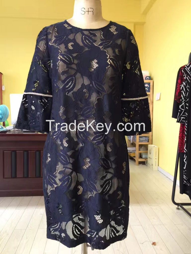 sell new arrival dark blue flower decoration hollow dress
