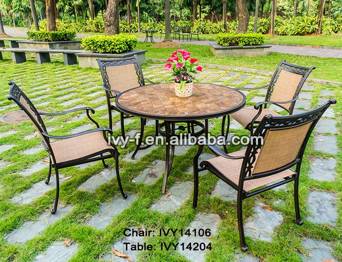 patio furniture cast aluminum and ceramic round dining table and chair set stackable sling chair tabletop with umbrella hole