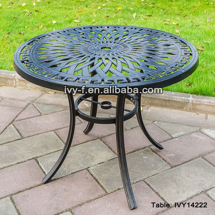 outdoor furniture patio cast aluminum round dining table bended slatted tabletop with umbrella hole assembly #IVY14222