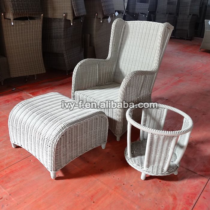 outdoor set 3 pieces high back chair with ottama and round side table in white PE rattan handwoven