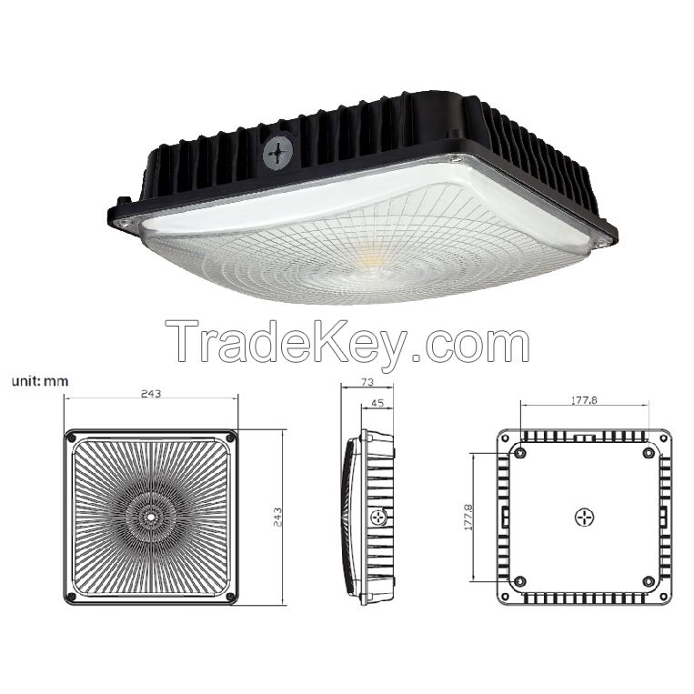 UL, DLC approved thin and slim low bay canopy light for parking lots, surface or pendant mount, integrated motion sensor