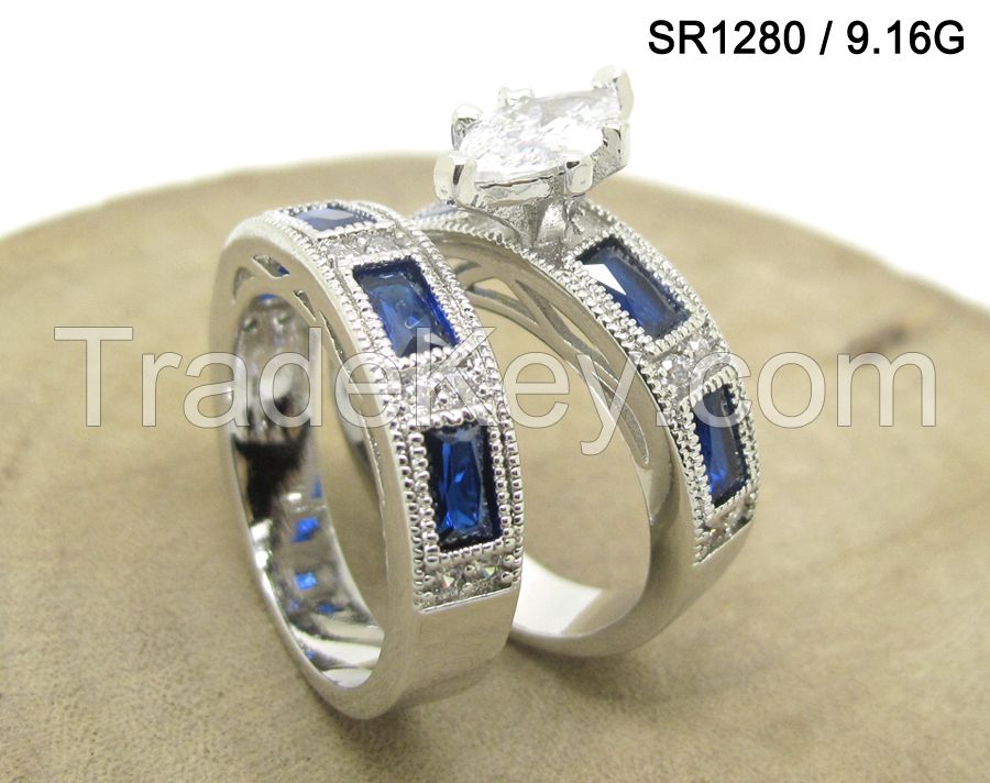 Sterling Silver Women Engagement Ring Wedding Couple Rings MOQ 36 PCS  Dark Blue n White Color