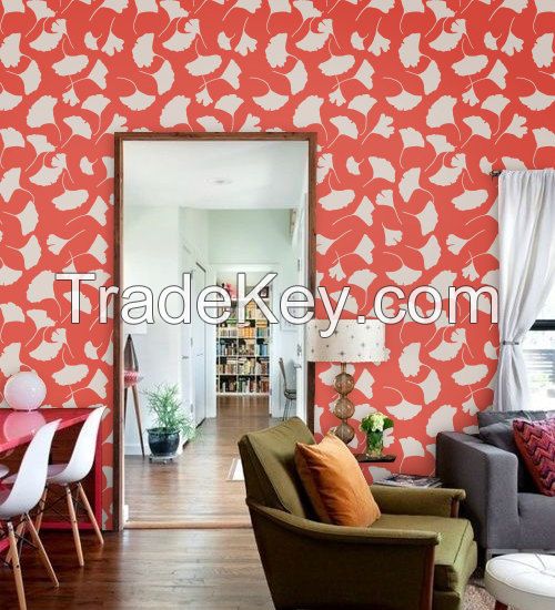 Self adhesive vinyl temporary removable wallpaper, wall decal - Leave print - 028 WHITE/ MELON