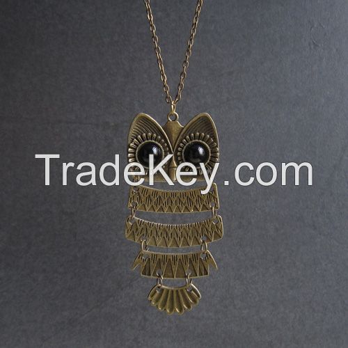 Fashion style antique brass owl shape pendant necklaces