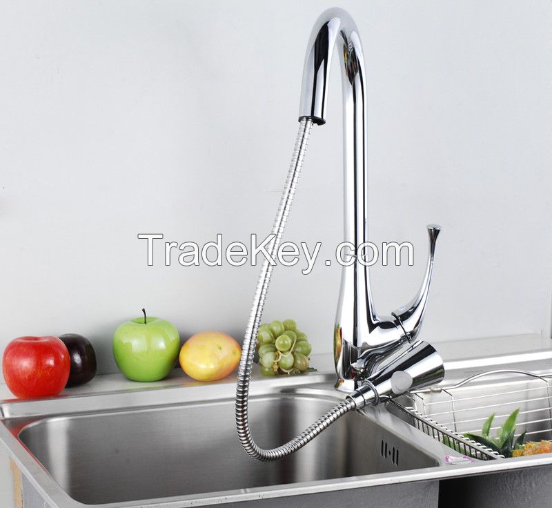 Pull Out Kitchen Sink Faucet Swivel Spout Mixer Brass Material Chrome Finish