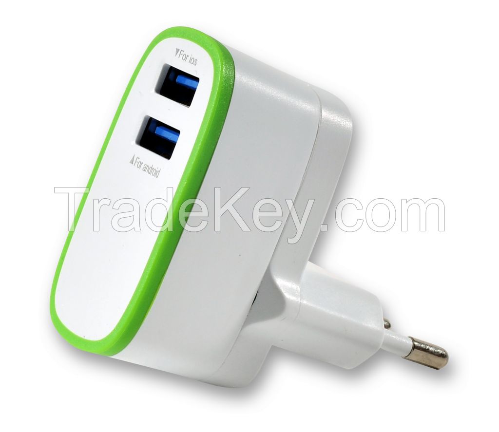5V 3.1A  Dual USB Travel Charger for IOS and Android with UK/EU Plug