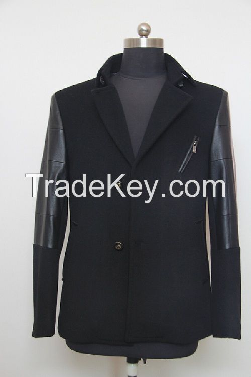 Men Jacket with Leather Turn-Down Collar Black Long Sleeve