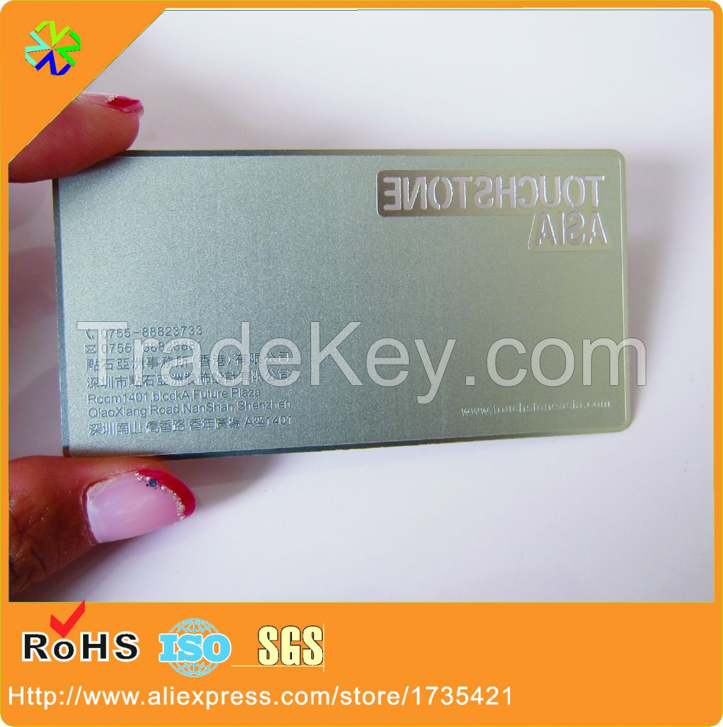 high quality black words/logos engraved stainless steel brushed metal business card(0.3mm/0.5mm/0.8mm etc)