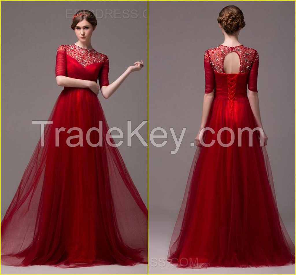 2015 Real Picture Romantic Diamond and Beading Neckline Wine Tulle Half Sleeves A Line Party Dress