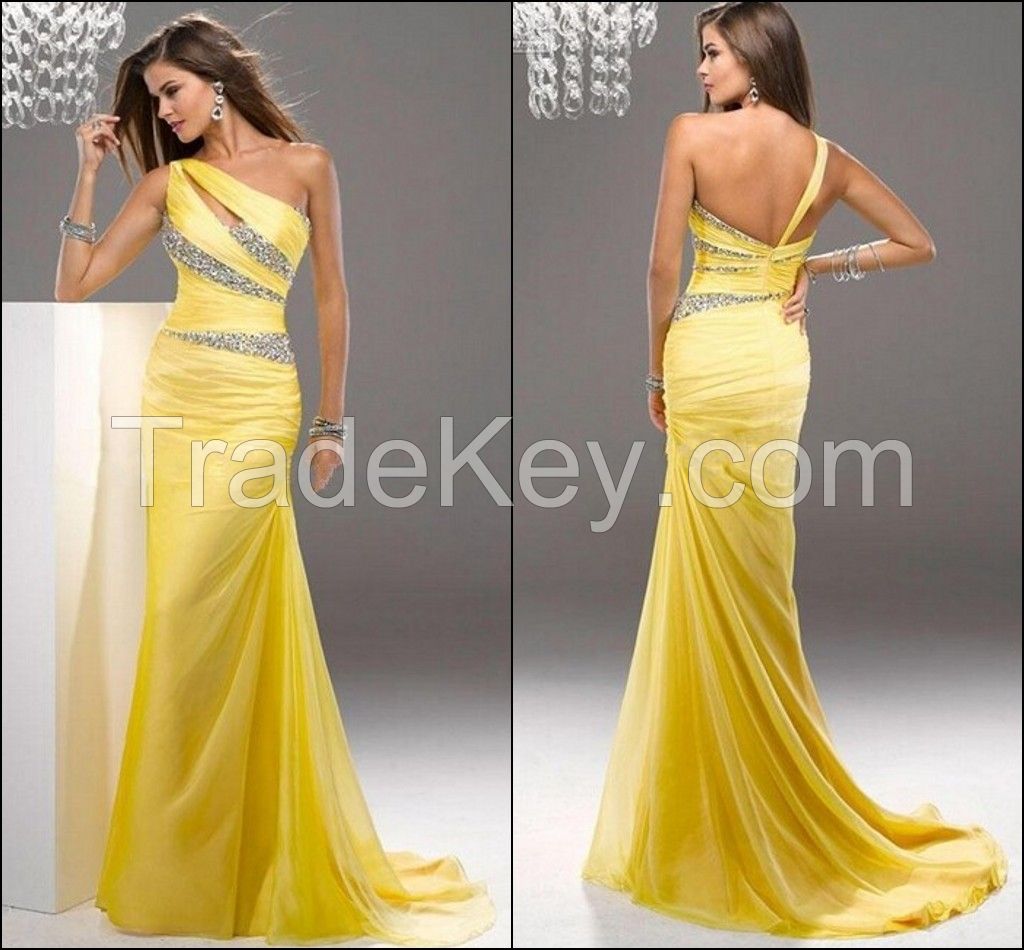 Elegant Style Popular With American and European Girls One Shoulder Beading Yellow Party Dress