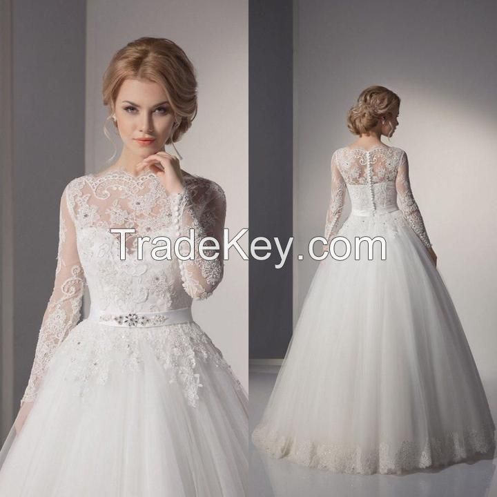 2015 New Design Appliqued Long Sleeves Ball Gown Wedding Gown