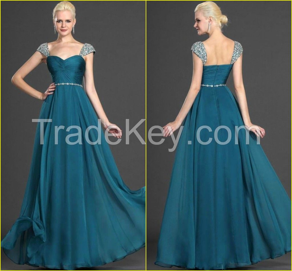 2015 Hot Sale Beading Cap Sleeves Green Chiffon Summer Cool Evening Dress