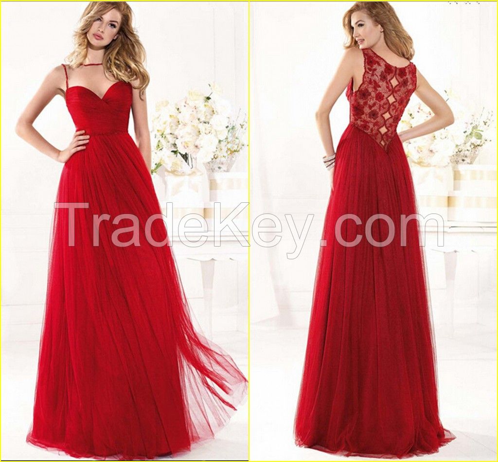 Made in China Popular Suzhou Evening Dress and Wedding Dress Red See Through Neck  Lace Back Party Dress