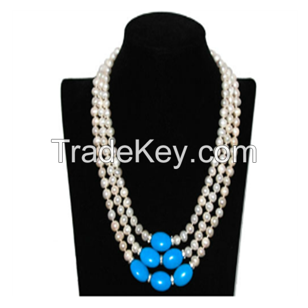 17-19" 7-8mm White Pearls & Blue Elliptical Turquoise Necklace