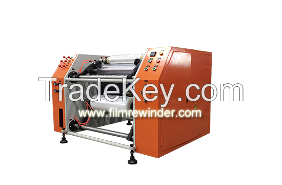 Semi automatic stretch film rewinder and slitter