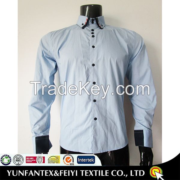 2015 wholesale men slim fit shirt luxury cotton casual dress in light blue color