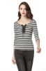 Striped Jersey Top and 3/4 Sleeve Shirts for Women, Round Neck with Eyelet Placket Causual Basic T Shirts