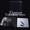 a4 zipper conference padfolio with 4 ring, black business pu leather portfolio for both men and women