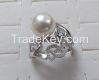 925 silver rings, setting cubic zircon & pearl, rhodium plating