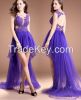 2015 Trendy Sexy New Design Appliques Purple Back Open Short Front and Long Back Cocktail Dress