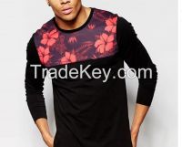new fashion 100% cotton custom t shirt printing long sleeve floral panel front t shirt for men