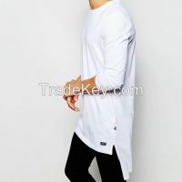 Wholesale 100%cotton Blank Customized White Long Sleeve T Shirts With Long Hem