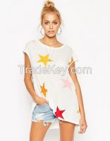 Longline New Fashion Women T Shirt with Star Print