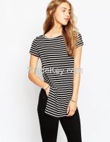 crew neck short sleeve cotton longline woman t shirt In Stripe With Side Split