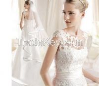 Bridal Grow Lace Embroidery A Line Long Tail Wedding Dress Low Back