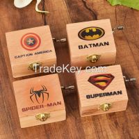 Wooden hand crank Christmas music box for American hero man Logo