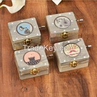 Creative carved mini digital handcrank wooden music box with funny pictures